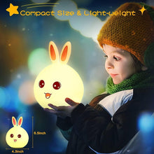 Load image into Gallery viewer, Cute Silicone Rabbit Night Light for Kids, USB Rechargeable 3 Step Dimmable, 7 Colour Changing Touch Sensor Squishy Mini Nursery Lamp for Baby Bedroom Decor, Fluorescent, Multicolour