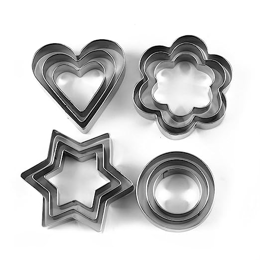 Stainless Steel Cookie Cutter with 4 Shape 3 Sizes Heart Round Star and Flower, 12 Pieces