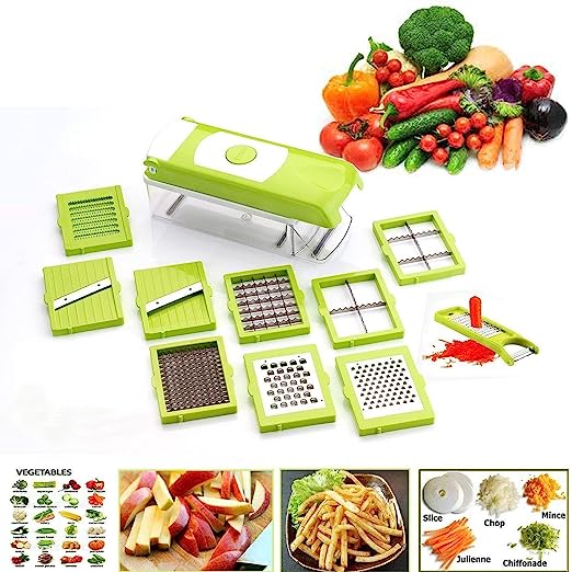 14 in 1 Multifunction Manual Plastic Quick Dicer Vegetable and Fruit Cutter Chopper Slicer with Non-Skid Base (Green)
