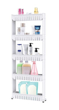 Load image into Gallery viewer, 5 Layer Multipurpose Plastic Storage Organizer Slim Rack Shelf with Wheels | Slim Slide Out Kitchen Trolley Rack Holder Storage Organizer for Kitchen, Bathroom (White)