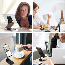 Load image into Gallery viewer, Adjustable and Foldable Desktop Phone Holder Stand for Phones Compatible with All Mobile Phone/iPad/Tablets for Desk, Bed, Table, Office, Video Recording, Home & Online Classes - (Black)
