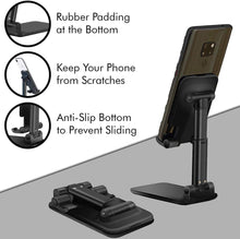 Load image into Gallery viewer, Adjustable and Foldable Desktop Phone Holder Stand for Phones Compatible with All Mobile Phone/iPad/Tablets for Desk, Bed, Table, Office, Video Recording, Home & Online Classes - (Black)