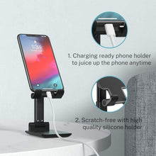 Load image into Gallery viewer, Adjustable and Foldable Desktop Phone Holder Stand for Phones Compatible with All Mobile Phone/iPad/Tablets for Desk, Bed, Table, Office, Video Recording, Home & Online Classes - (Black)