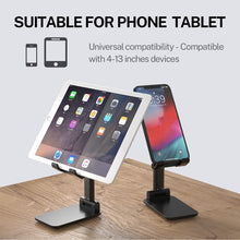 Load image into Gallery viewer, Adjustable and Foldable Desktop Phone Holder Stand for Phones Compatible with All Mobile Phone/iPad/Tablets for Desk, Bed, Table, Office, Video Recording, Home & Online Classes - (Black)