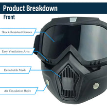 Load image into Gallery viewer, Goggle Mask Anti Scratch UV Protective Open Face & Eyewear Windproof Dirt Shield Adjustable Strap Soft Foam Padded Detachable for Cycling Bike Off Road Racing Riding Unisex (Black, 1 PC)