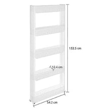 Load image into Gallery viewer, 5 Layer Multipurpose Plastic Storage Organizer Slim Rack Shelf with Wheels | Slim Slide Out Kitchen Trolley Rack Holder Storage Organizer for Kitchen, Bathroom (White)