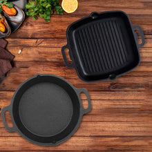 Load image into Gallery viewer, Cast Iron Cookware Set - Grill Pan 10.8Inch & Double Handle Skillet 10Inch, Pre-Seasoned