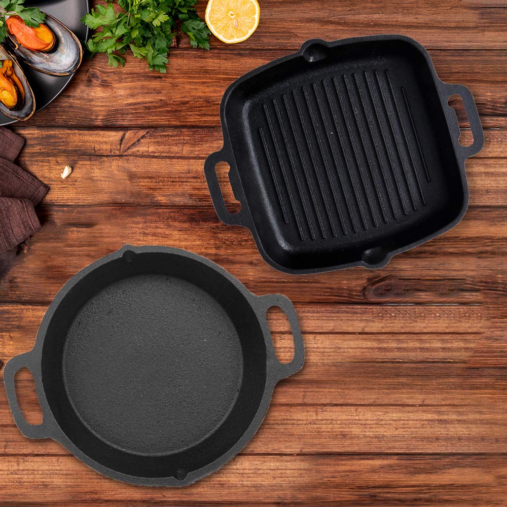 Cast Iron Cookware Set - Grill Pan 10.8Inch & Double Handle Skillet 10Inch, Pre-Seasoned