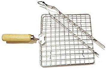 Roasting Net with Steel Tong,Stainless Steel Wire Roaster, Wooden Handle with Roasting Net, Papad Jali,Roti Grill,Chapati Grill (Square Roaster+ 1 Tong/Chimta) -1 pc