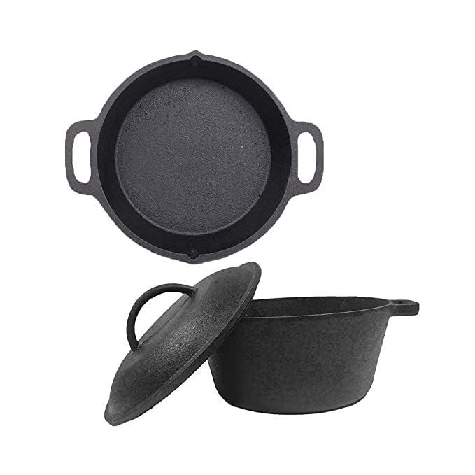 Cast Iron Cookware Combo - Dutch Oven (5L), Double Handle Skillet (10IN) pre-seasoned