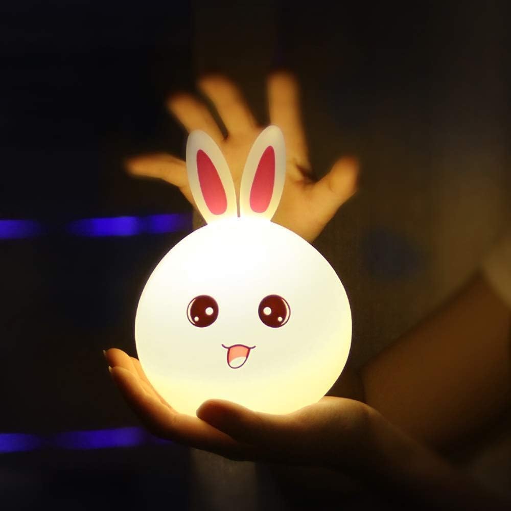 Cute Silicone Rabbit Night Light for Kids, USB Rechargeable 3 Step Dimmable, 7 Colour Changing Touch Sensor Squishy Mini Nursery Lamp for Baby Bedroom Decor, Fluorescent, Multicolour