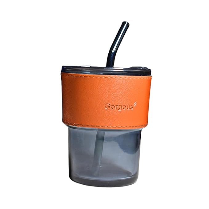 Travel Glass Coffee Mug With Lids And Straws,Reusable Glass Iced Tea Sipper Cup With Leather Sleeve Grip, Cute Glass Tumbler For Water Juice Milk Smoothie Pack Of 1 (Amber), 400 Ml