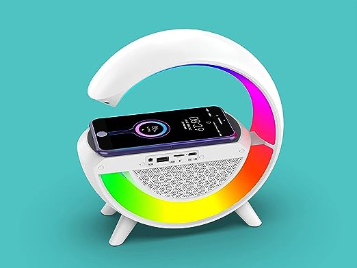 G-Shape RGB Light Table Lamp Bluetooth Speaker with FM Radio Wireless Charger for Bedroom & Gaming Room Table Lamp