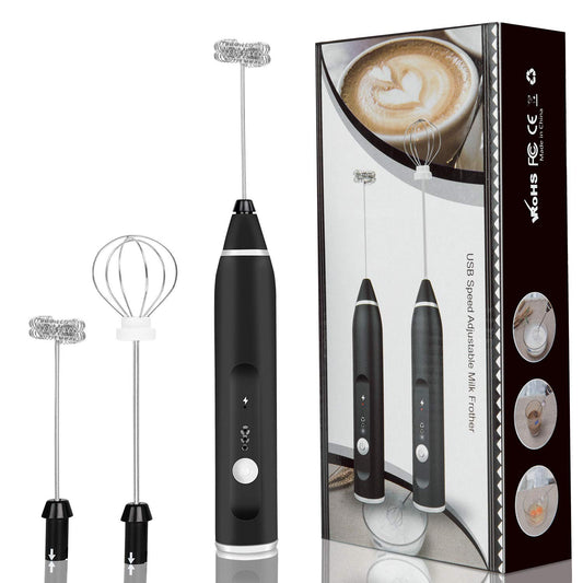 Milk Frother, USB Rechargeable Handheld Electric Foam Maker with 3 Stainless Whisks, 3-Speed Adjustable, Bulletproof Coffee, Lattes, Cappuccino,