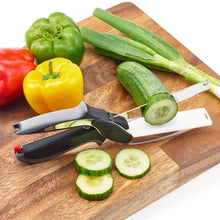 Load image into Gallery viewer, 2 in 1 Smart Clever Cutter Kitchen Knife Food Chopper and in Built Mini Chopping Board with Locking Hinge; with Spring Action, Stainless Steel Blade
