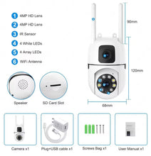 Load image into Gallery viewer, Dual Lens 5MP+5MP Smart WiFi PTZ Security Camera, 360° Rotation, Color Night Vision 20m, Motion Alerts, Two-Way Audio, App Remote Access, 128GB SD Support, Indoor Outdoor CCTV Surveillance Cam
