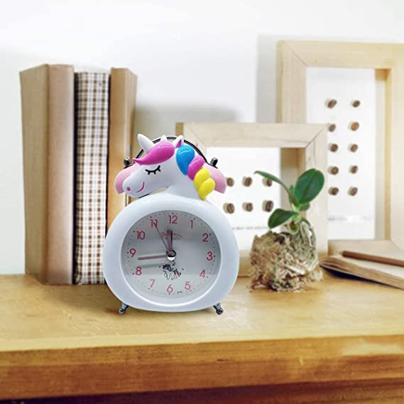 Unicorn Bedroom Alarm Clock,Vintage Loud Twin Bell Cartoon Alarm with Button Night Light,Battery Operated Non-Ticking Silent Alarm Clock