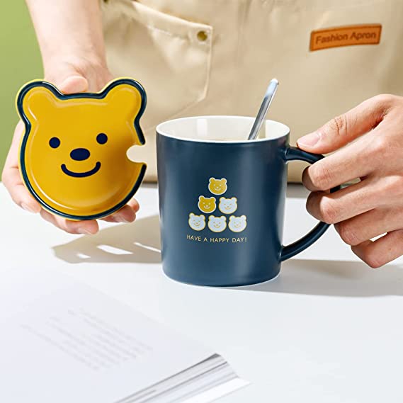 Cute Bear Coffee Mug with Spoon and Lid, Lid Can be Used as Another Small Plate, Coffee Mug with Handle