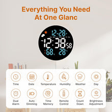 Load image into Gallery viewer, 10.2" Large LED Digital Wall Clock with Remote Control, Auto Dimming, Temperature &amp; Humidity Display, 12/24H, Desktop &amp; Wall Mounted, Cable Operated, Digital Clock for Home, Office &amp; Bedroom.
