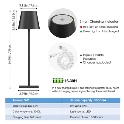 LED Cordless Table Lamp, Rechargeable Battery Desk lamp 5000mAh Battery Operated Stepless Dimming Modern Portable Table Light for
