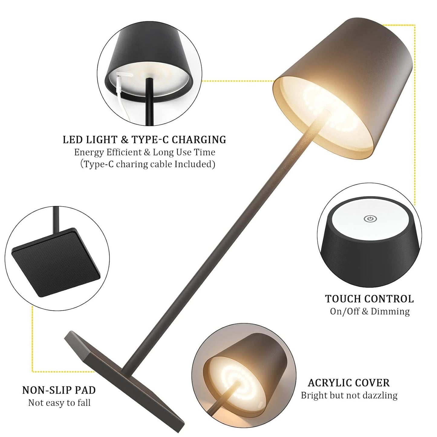 LED Cordless Table Lamp, Rechargeable Battery Desk lamp 5000mAh Battery Operated Stepless Dimming Modern Portable Table Light for