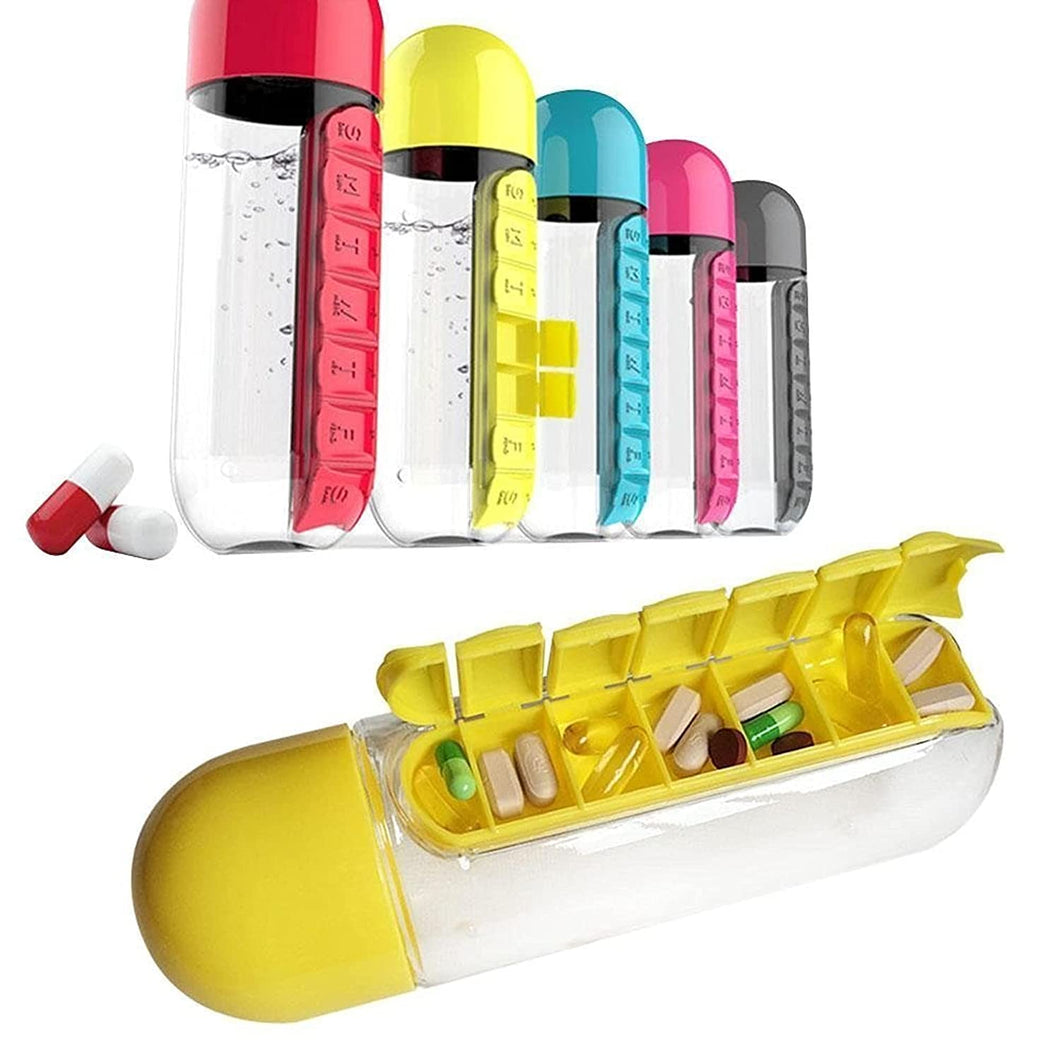 Pill & Water Storage Organizer Traveling Time Usable Water Bottle | Removable Medicine Holder Compartment | Water Bottle Medicine Organizer Box (Multi Color)