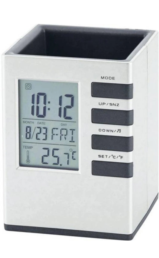 1 Compartments Plastic Cube Desk Clock Stand With Alarm (Silver)