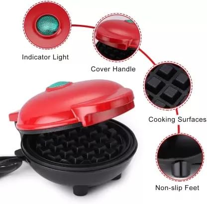 Mini Waffle Maker 4 Inch- 350 Watts: Stainless Steel Non-Stick Electric Iron Machine for Individual Belgian Waffles, Pan Cakes (Mini Waffle Maker + Waffles Recipe Book, Red)