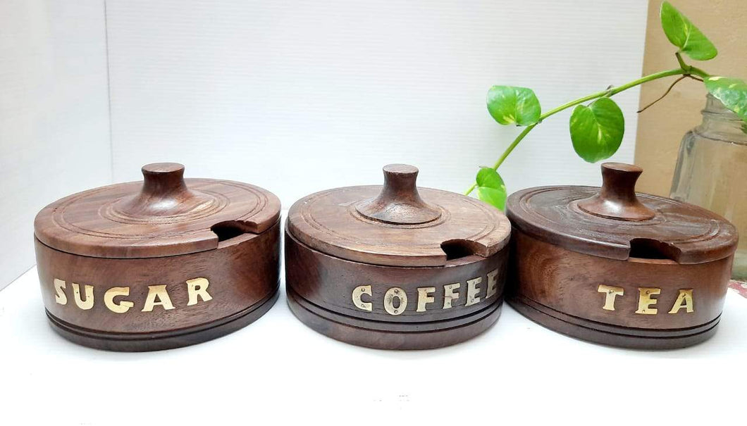 Wooden Tea Coffee & Sugar Container (Pack of 3, Brown)