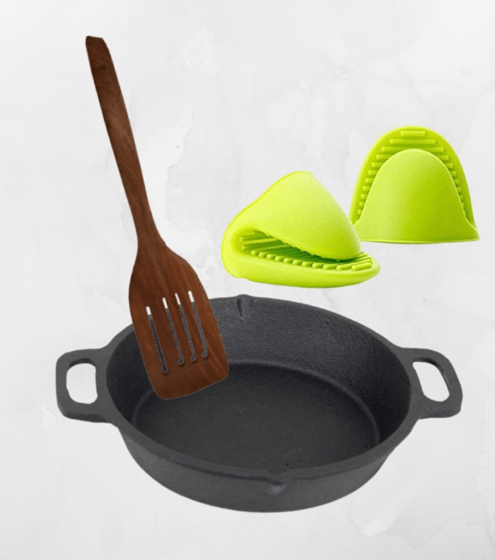 Cast Iron Skillet  Preseasoned with Silicone Gloves & Wooden Ladles -10Inch (Double Handle)