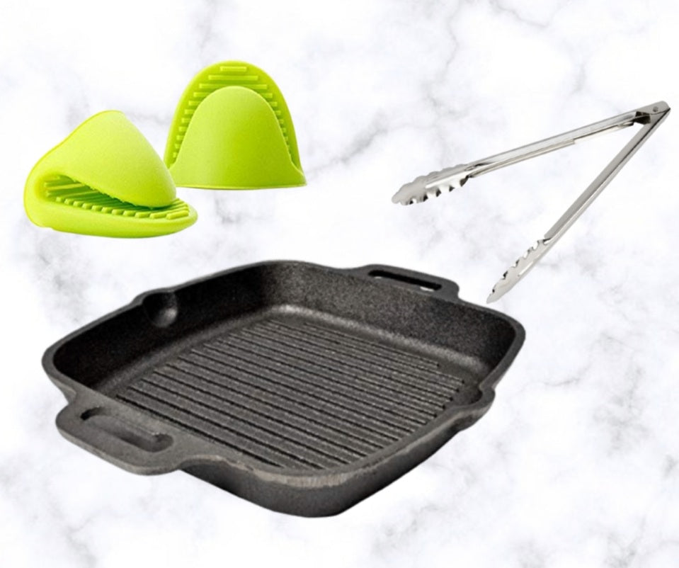 Cast Iron Cookware Set - Grill Pan 10.8Inch with Wooden Ladles & Silicone Gloves