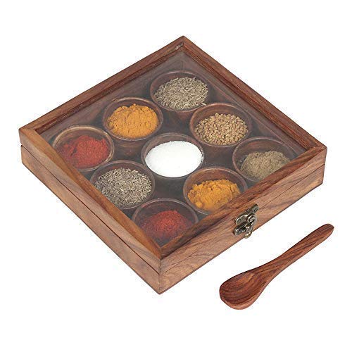 Wooden Masala Box for Kitchen Set 9 Partitions