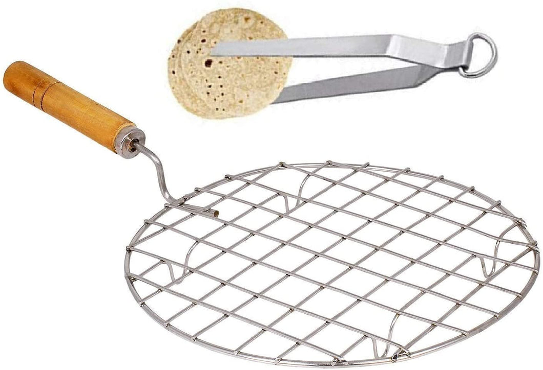 Roasting Net with Steel Tong, Stainless Steel Wire Roaster, Wooden Handle with Roasting Net, Papad Jali,Roti Grill,Chapati Grill (Square Roaster+ 1 Tong/Chimta) -1 pc