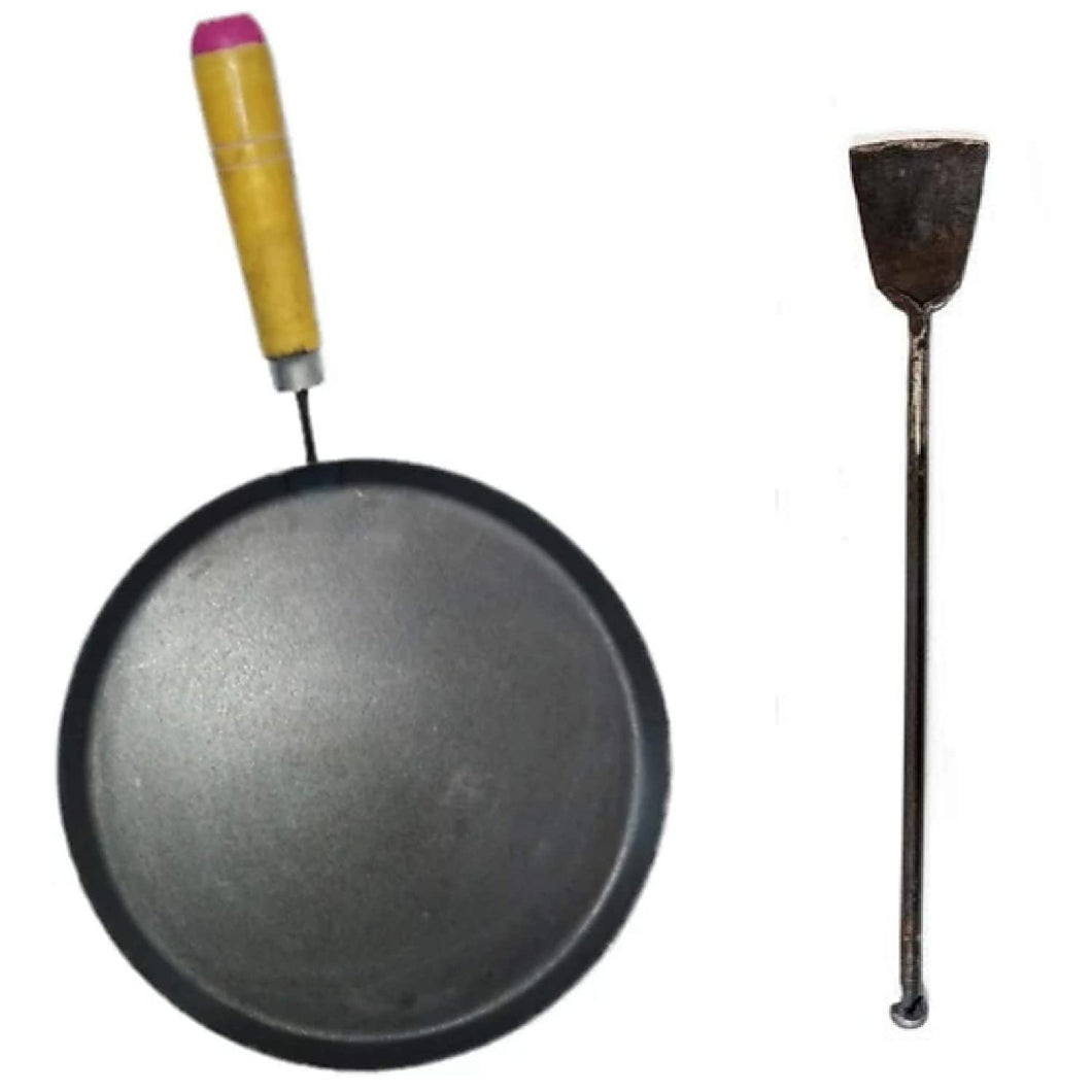 Iron tawa with Wooden Handle(9 inches) and Iron dosa Turner - 2 Items